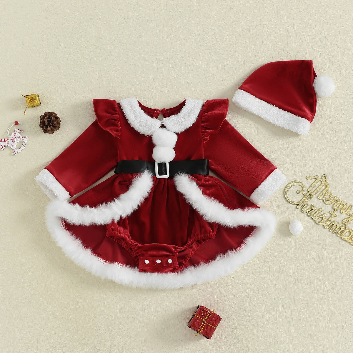 Citgeett Baby Girls Christmas Bodysuit Dress Set, Winter Plush Patchwork Long Sleeve Jumpsuit with Cute Santa Hat, Infant Holiday Outfit for Christmas Parties, Photoshoots and Festive Celebrations
