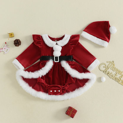 Citgeett Baby Girls Christmas Bodysuit Dress Set, Winter Plush Patchwork Long Sleeve Jumpsuit with Cute Santa Hat, Infant Holiday Outfit for Christmas Parties, Photoshoots and Festive Celebrations