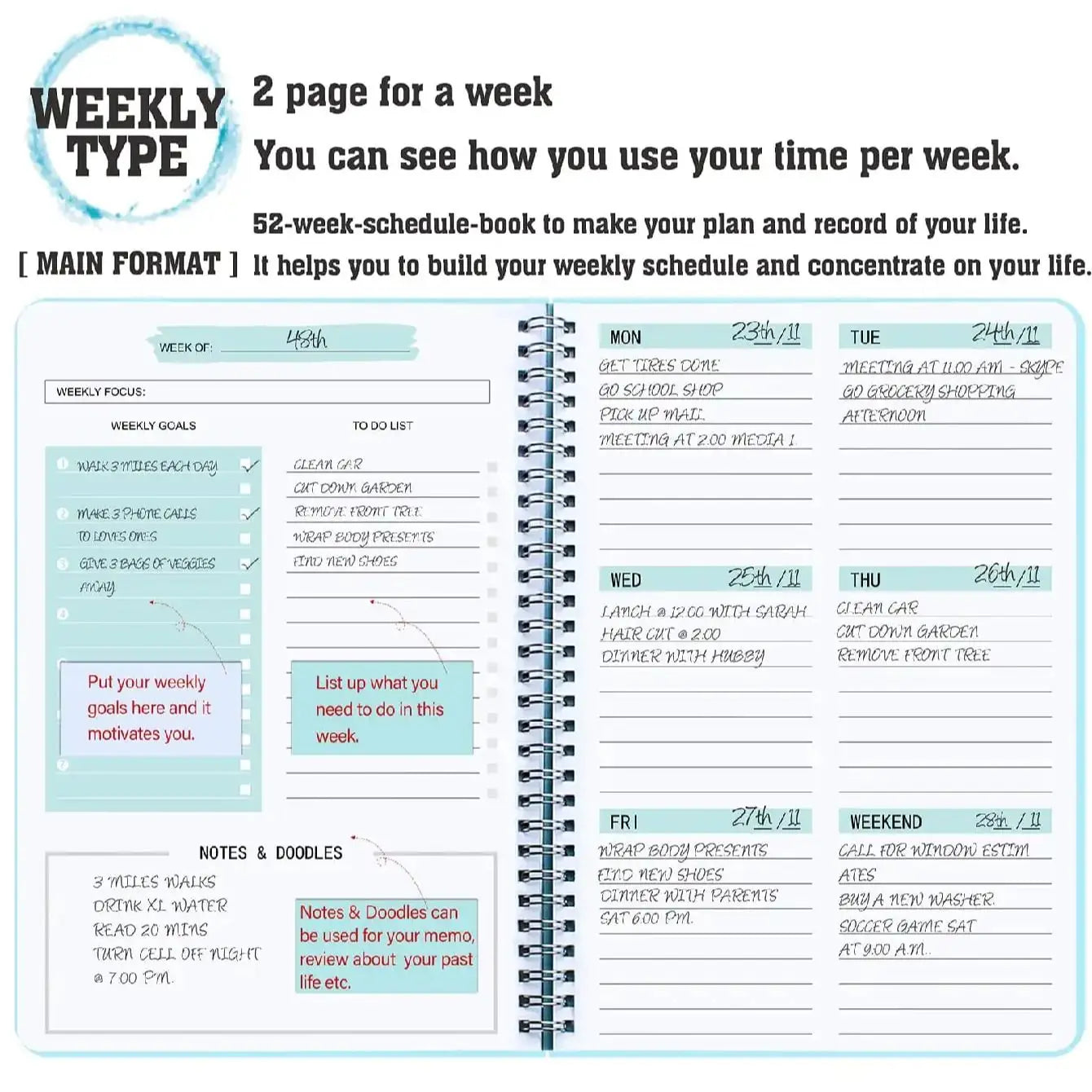 A5 Undated Weekly Planner Notebook – Spiral Agenda for Daily Planning, School & Office