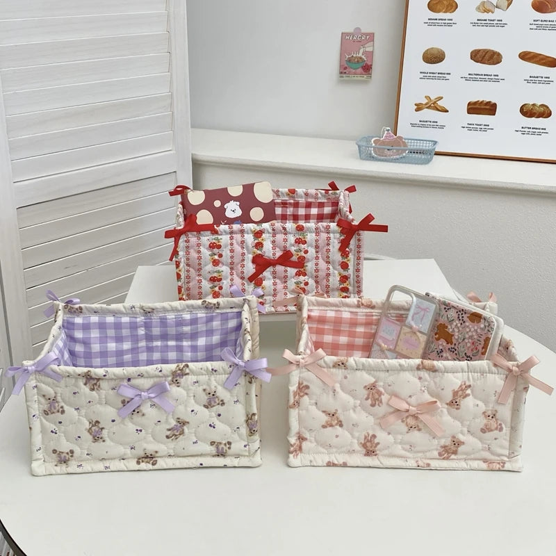 Cute Quilted Lace Storage Basket – Korean Desktop Organizer Bin for Cosmetics, Toys, Sundries & Home Décor