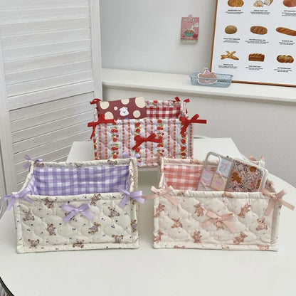 Cute Quilted Lace Storage Basket – Korean Desktop Organizer Bin for Cosmetics, Toys, Sundries & Home Décor
