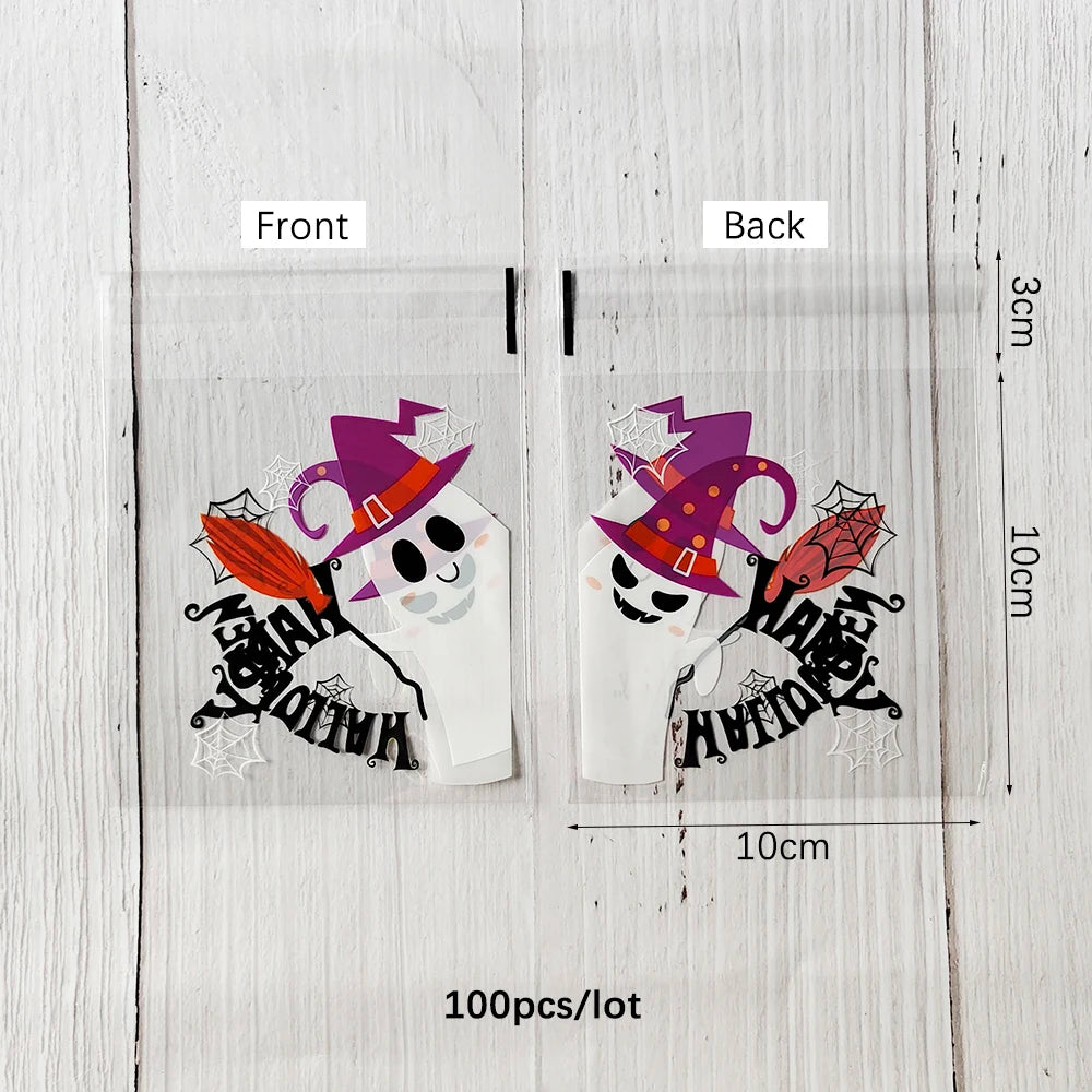 100PCS Halloween Candy Bags, Plastic Gift Packaging Bags with Ghost Pumpkin and Spider Prints, Trick or Treat Goodie Bags, Halloween Party Favors and Decorations
