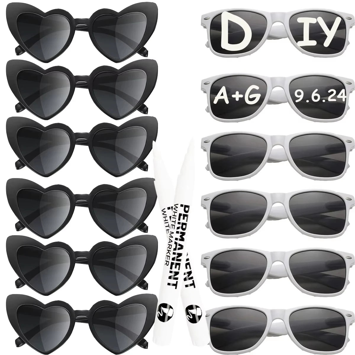 12–120PCS Personalized Heart Sunglasses with Pen – Wedding & Bachelorette Party Favors, Bridal Party Photo Props & Gifts