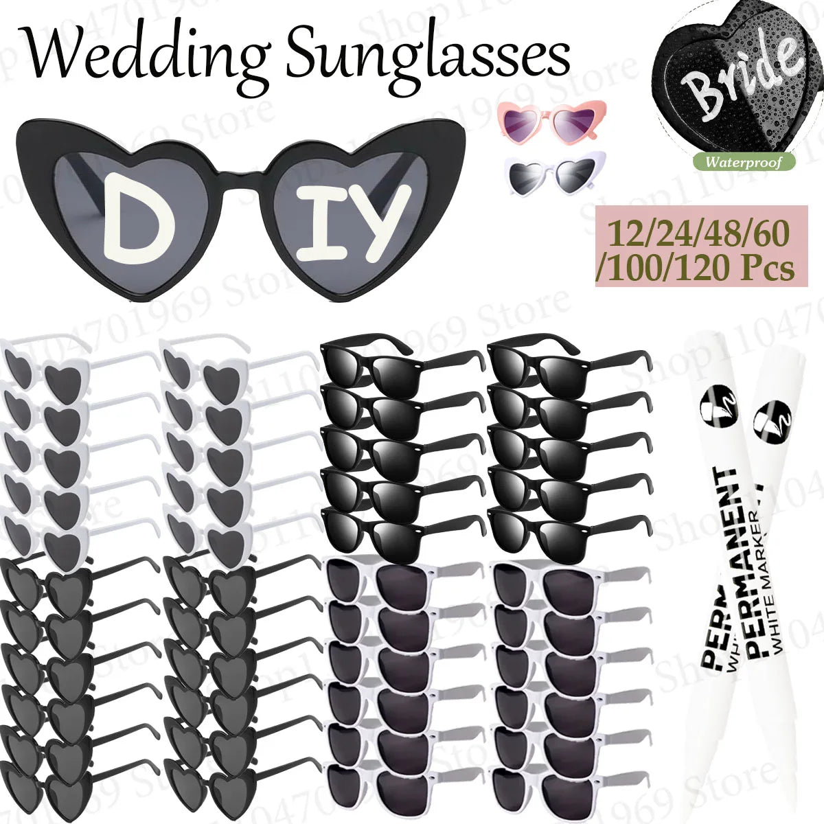 12–120PCS Personalized Heart Sunglasses with Pen – Wedding & Bachelorette Party Favors, Bridal Party Photo Props & Gifts