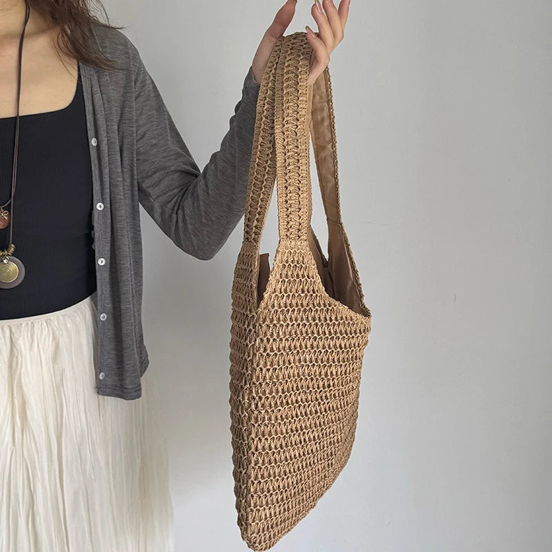 Sac à bandoulière en rotin tressé pour femmes – Grand sac cabas en paille tressée, sac de plage d'été pour femmes, sac de voyage décontracté pour les vacances, le shopping et un usage quotidien