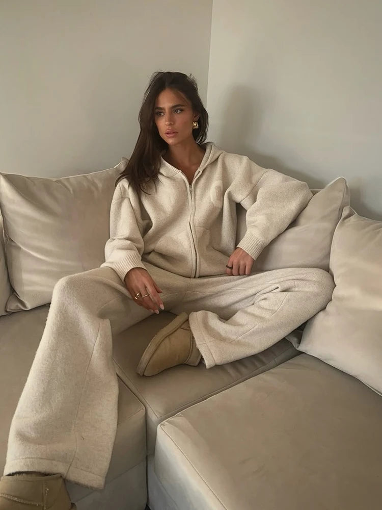 Women’s Hooded Knit Tracksuit 2-Piece Set – Casual Knitted Jacket & Pants Trousers, Cozy Two-Piece Outfit for Everyday Wear