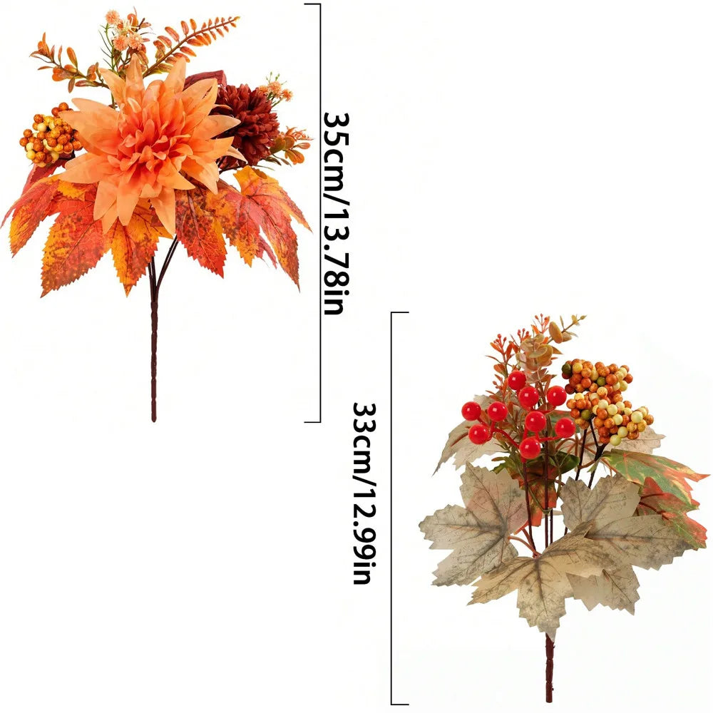 Artificial Fall Flower Bouquet with Maple Leaves & Pumpkin Accents – Faux Floral Stems for Thanksgiving, Halloween, Autumn Table Centerpieces & Home Decor