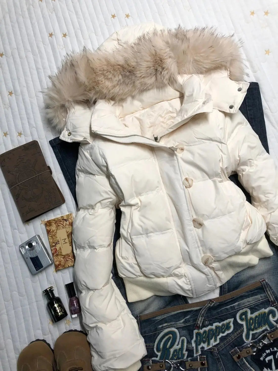 Women's American Retro Hooded Cotton-Padded Winter Coat Faux Fur Collar Solid Color Warm Insulated Jacket Loose Fit Casual Outerwear