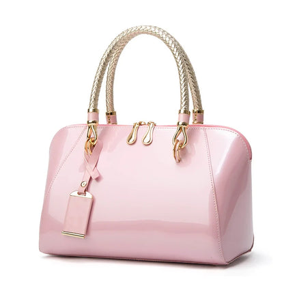 Women's Luxury Shiny Leather Boston Bag – Elegant Top-Handle Handbag in Blue, Red, Black, Beige & Pink, Fashion Shoulder Purse