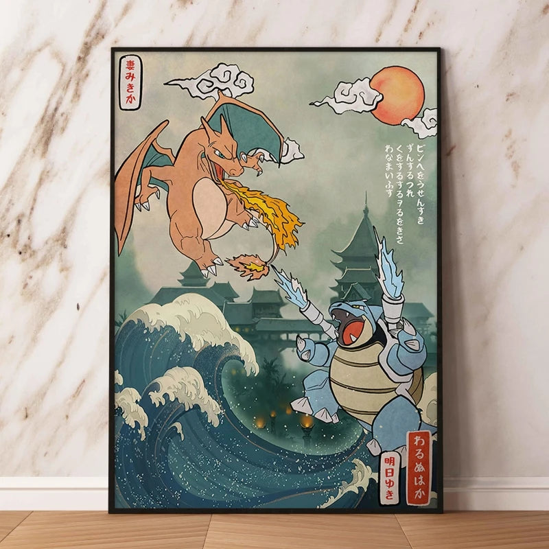 Japanese Anime Pokémon Canvas Wall Art – Pikachu, Charmander & Eevee Watercolor Poster Print Home Decor