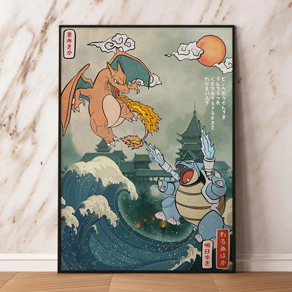 Japanese Anime Pokémon Canvas Wall Art – Pikachu, Charmander & Eevee Watercolor Poster Print Home Decor