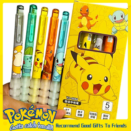 Set de 5 bolígrafos de gel Pokémon – Pikachu, Squirtle y Charmander, papelería escolar de dibujos animados Kawaii