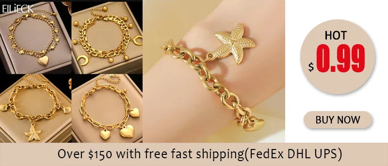 Pulsera de acero inoxidable 316L con dijes de estrellas de mar, luna y estrellas doradas – Cadena de muñeca moderna para mujer, regalo de joyería para fiestas