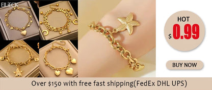 Pulsera de acero inoxidable 316L con dijes de estrellas de mar, luna y estrellas doradas – Cadena de muñeca moderna para mujer, regalo de joyería para fiestas