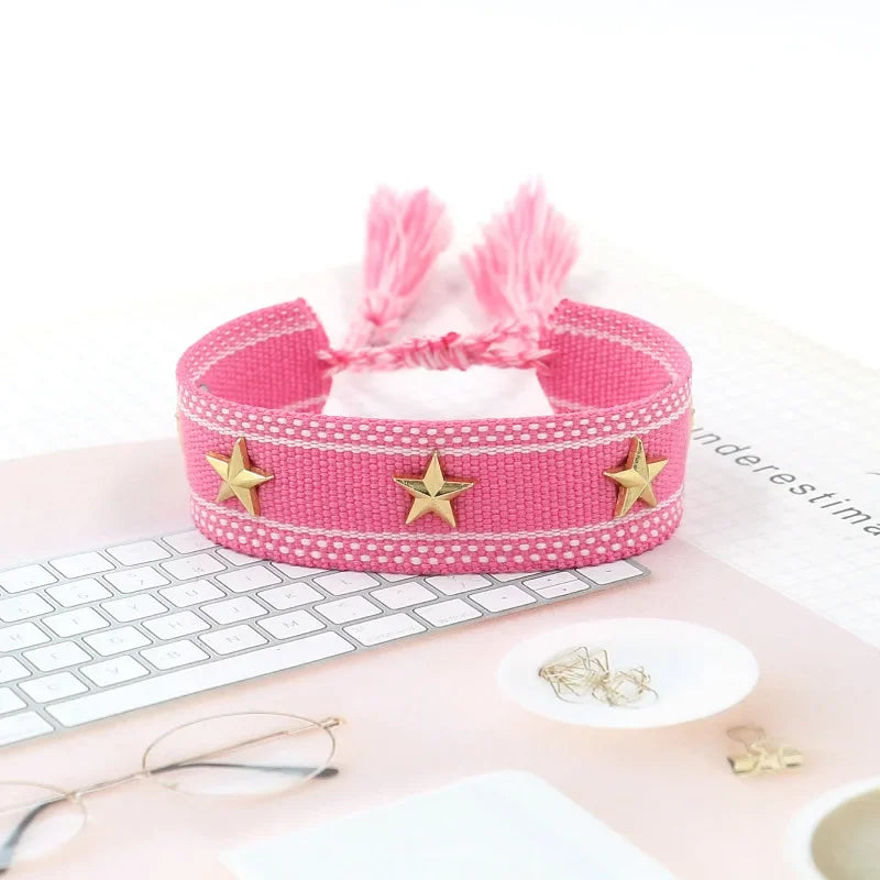 Bohemian Star Tassel Bracelet – Handmade Woven Alloy Gold Rivet Wrist Strap for Women | Ethnic Fashion Jewelry Gift