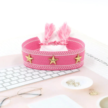 Bohemian Star Tassel Bracelet – Handmade Woven Alloy Gold Rivet Wrist Strap for Women | Ethnic Fashion Jewelry Gift