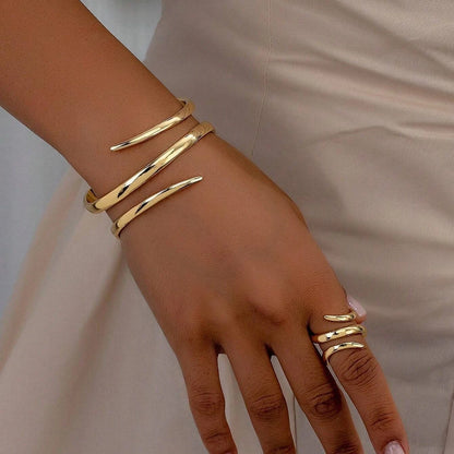2Pcs Women’s Fashion Geometric Open Bracelet Ring Set Simple Design Trend Holiday Party Gift