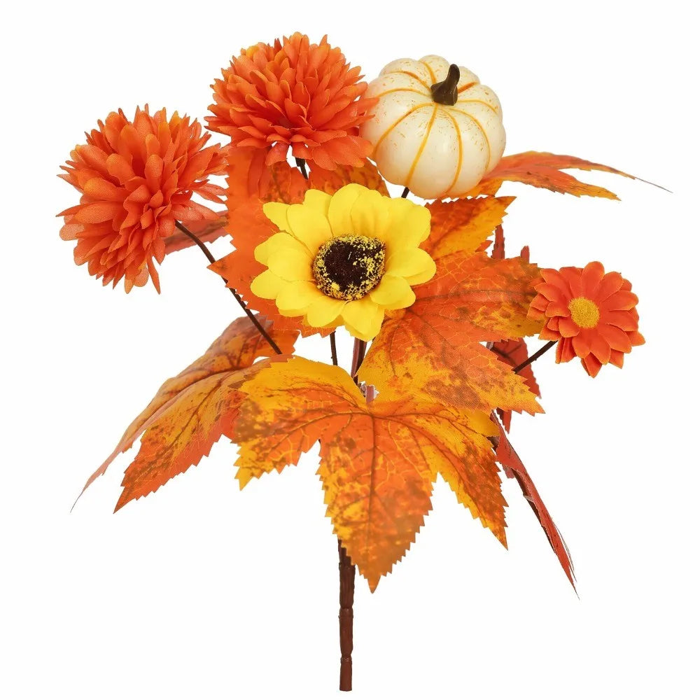 Artificial Fall Flower Bouquet with Maple Leaves & Pumpkin Accents – Faux Floral Stems for Thanksgiving, Halloween, Autumn Table Centerpieces & Home Decor
