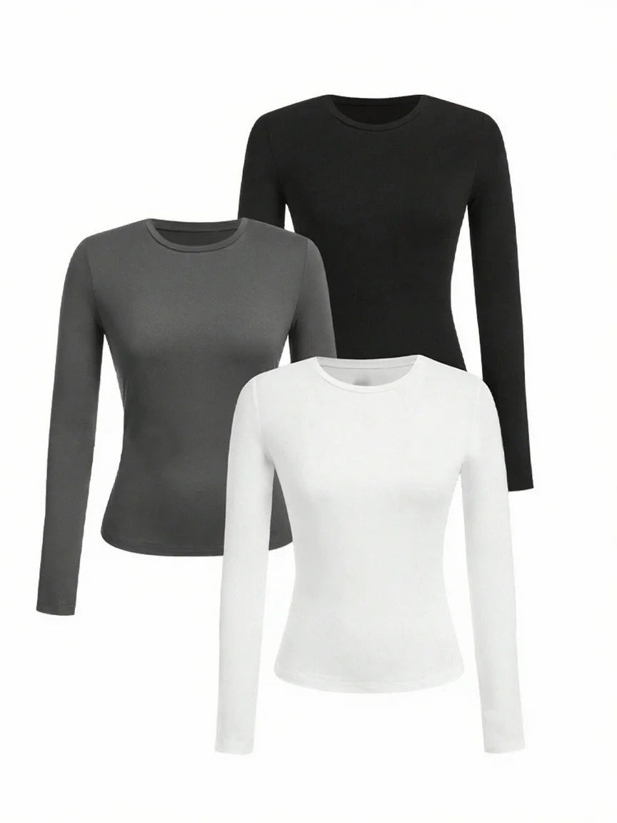 Women’s Long Sleeve T-Shirt Solid Color Polyester Knit Round Neck Regular Fit Fall Winter Top