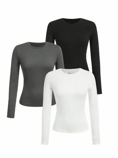 Women’s Long Sleeve T-Shirt Solid Color Polyester Knit Round Neck Regular Fit Fall Winter Top