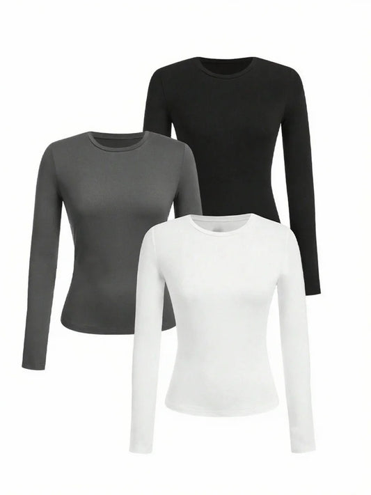 Women’s Long Sleeve T-Shirt Solid Color Polyester Knit Round Neck Regular Fit Fall Winter Top
