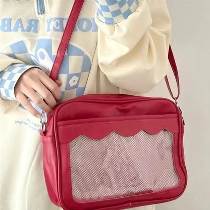 Bolso japonés Harajuku Ita – Bolso bandolera de piel sintética con bolsillo transparente para mujeres y estudiantes de secundaria, bolso de estilo uniforme JK, bolso de almacenamiento de moda Kawaii para coleccionistas y uso diario