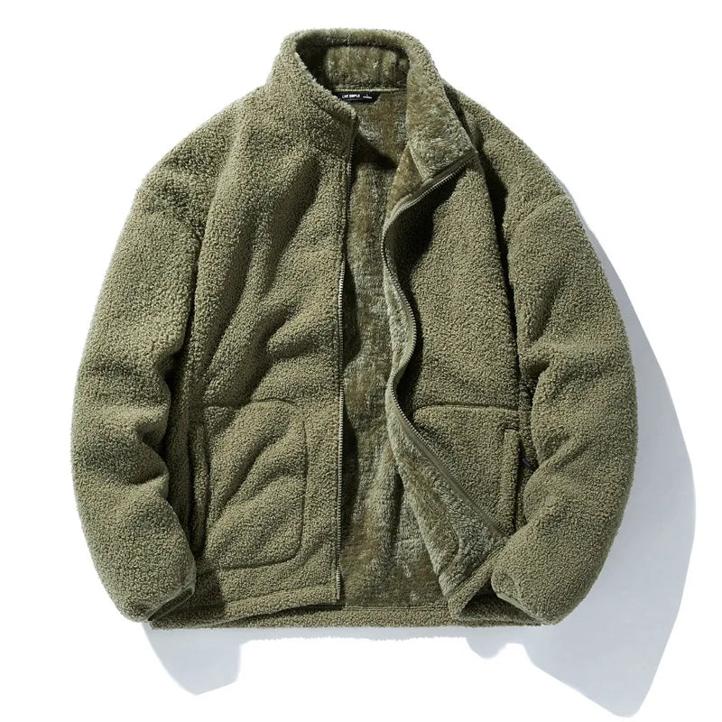 Men’s Winter Fleece Jacket – Solid Color Loose-Fit Warm Coat with Stand Collar, Casual Harajuku Streetwear Outerwear, Plus Size