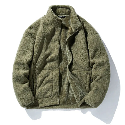 Men’s Winter Fleece Jacket – Solid Color Loose-Fit Warm Coat with Stand Collar, Casual Harajuku Streetwear Outerwear, Plus Size