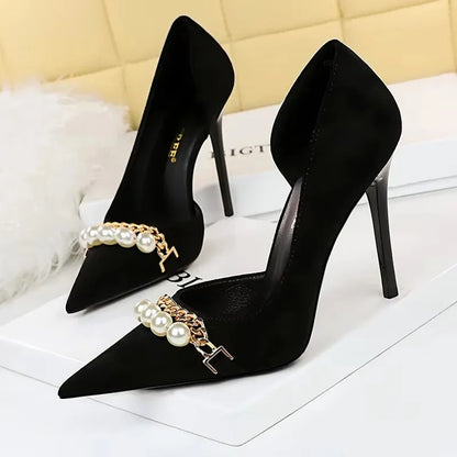 BIGTREE Escarpins à talons aiguilles et chaîne de perles de luxe pour femme – Idéal pour mariage, soirée et banquet