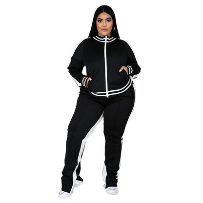Plus Size L-5XL Women's 2-Piece Sweatsuit Set – Zip-Up Striped Top & Slit Jogger Sweatpants, Casual Matching Outfit for Everyday Wear