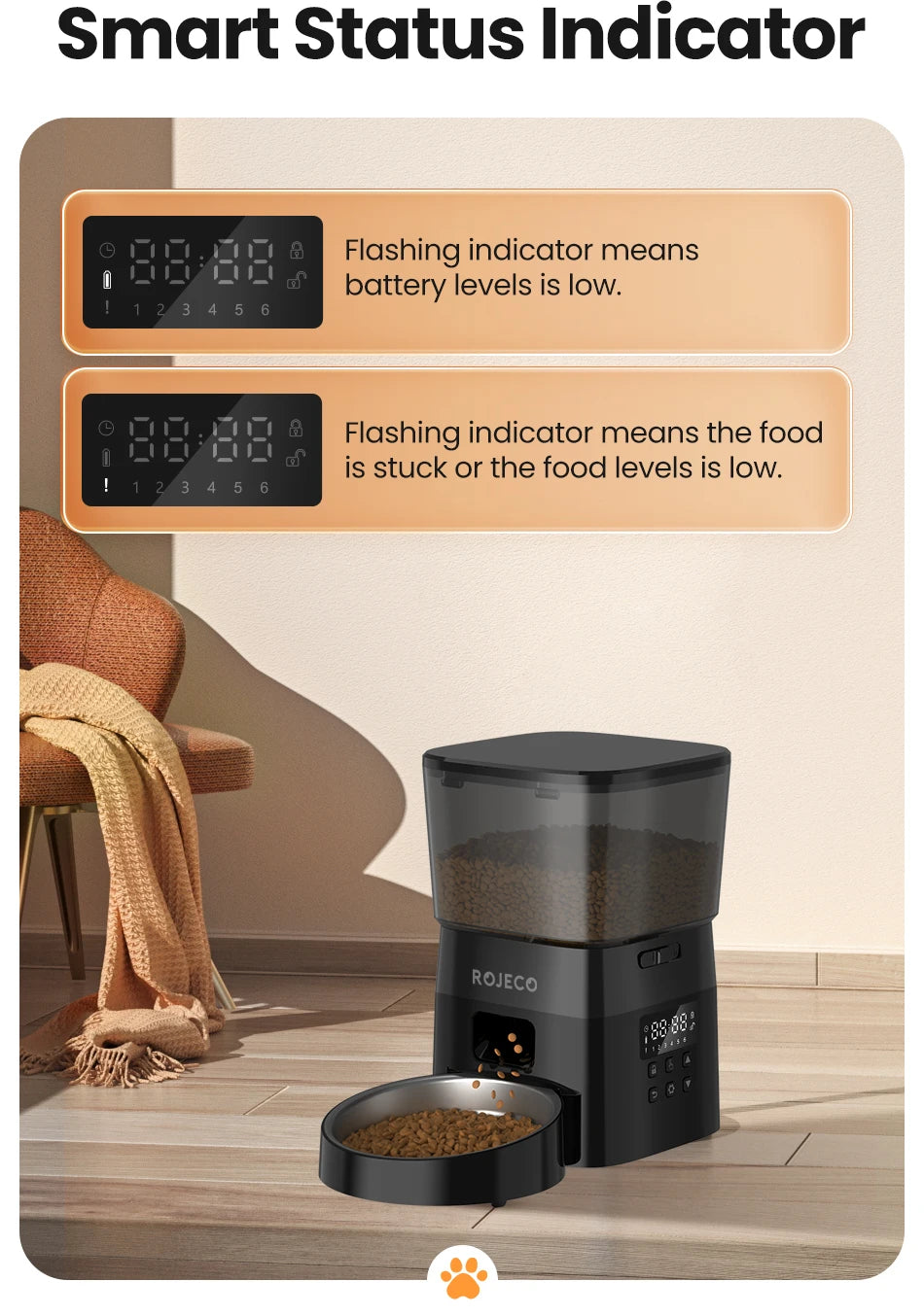 ROJECO Comedero Automático para Mascotas – Dispensador Inteligente de Comida Seca con Control por Botones para Perros y Gatos