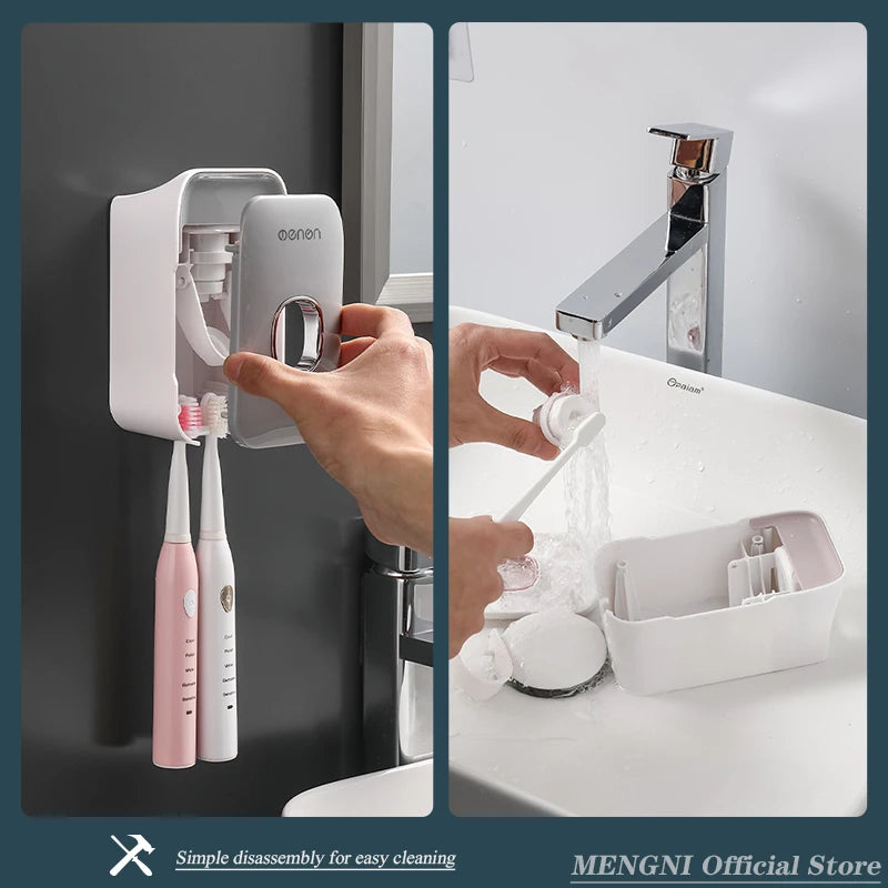 Dispensador de pasta de dientes MENGNI – Exprimidor de pasta dental montado en la pared para baño, soporte para cepillo de dientes sin taladros, organizador manual de bomba de pasta de dientes para almacenamiento y uso diario en el baño