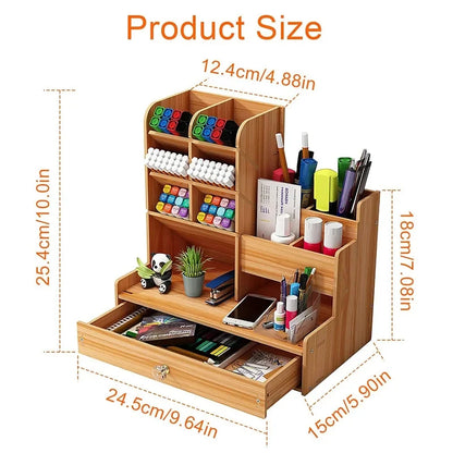 Organizador de escritorio de madera – Caja de almacenamiento de bricolaje para escritorio con cajón, portalápices de gran capacidad para organización de papelería de oficina, escuela y hogar