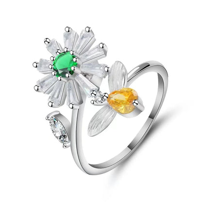 Anillo giratorio antiestrés de mariposa y flor con diamantes de imitación – Anillo giratorio antiansiedad para mujer | Joyería ajustable para aliviar el estrés