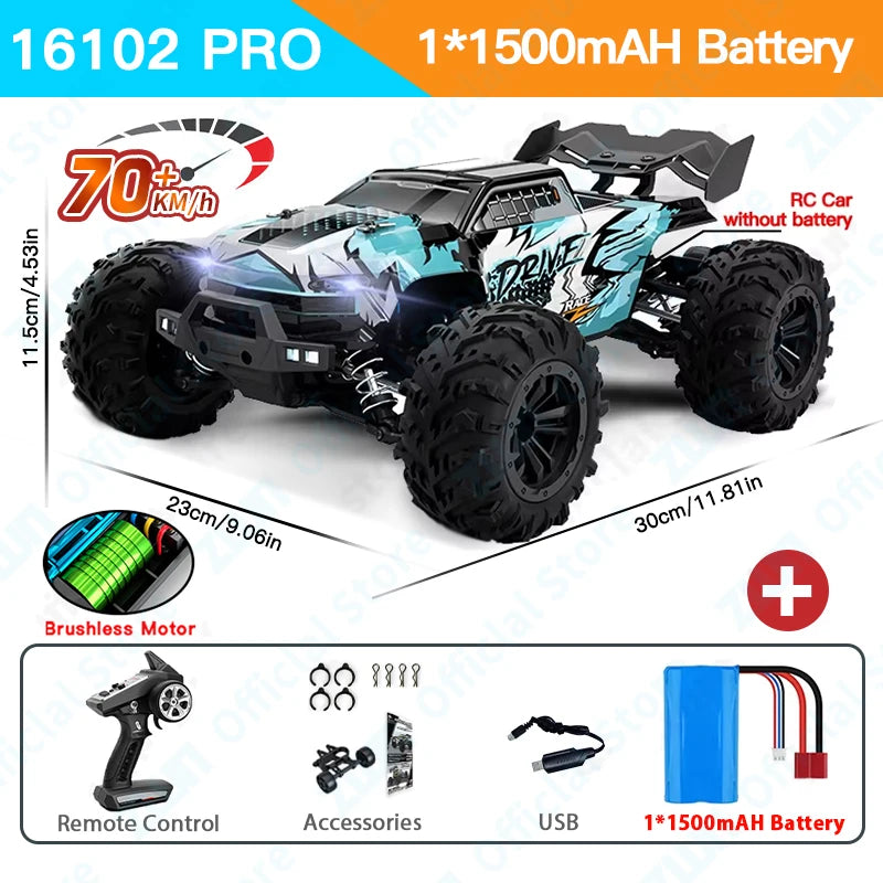 ZWN 1:16 4WD RC Monster Truck 50KM/H y 70KM/H Coche de Derrape de Alta Velocidad con Luces LED y Control Remoto 2.4GHz