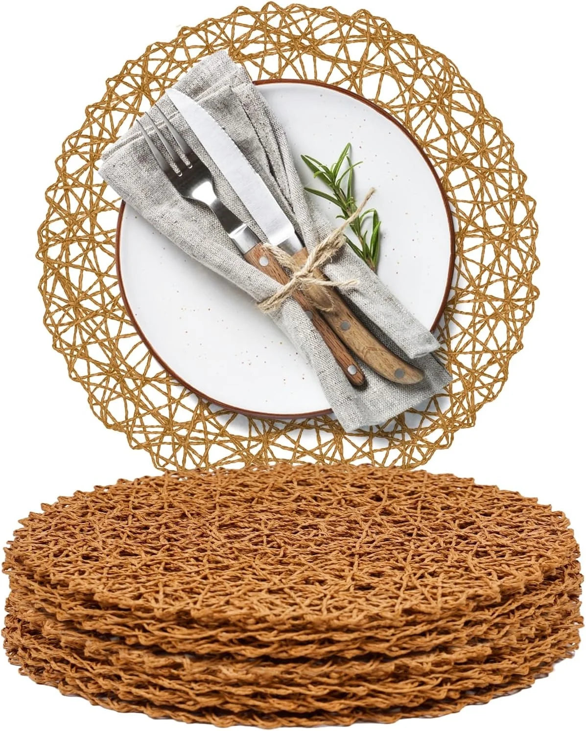 12–48PCS 15-Inch Round Paper Braided Placemats – Boho Woven Table Mats for Dining Table, Wedding, Party & Home Decor