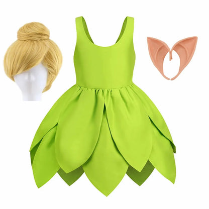 Tinker Bell Fairy Dress for Girls – Fantasy Forest Elf Green Leaf Cosplay Costume for Baby & Kids, Halloween Dress-Up