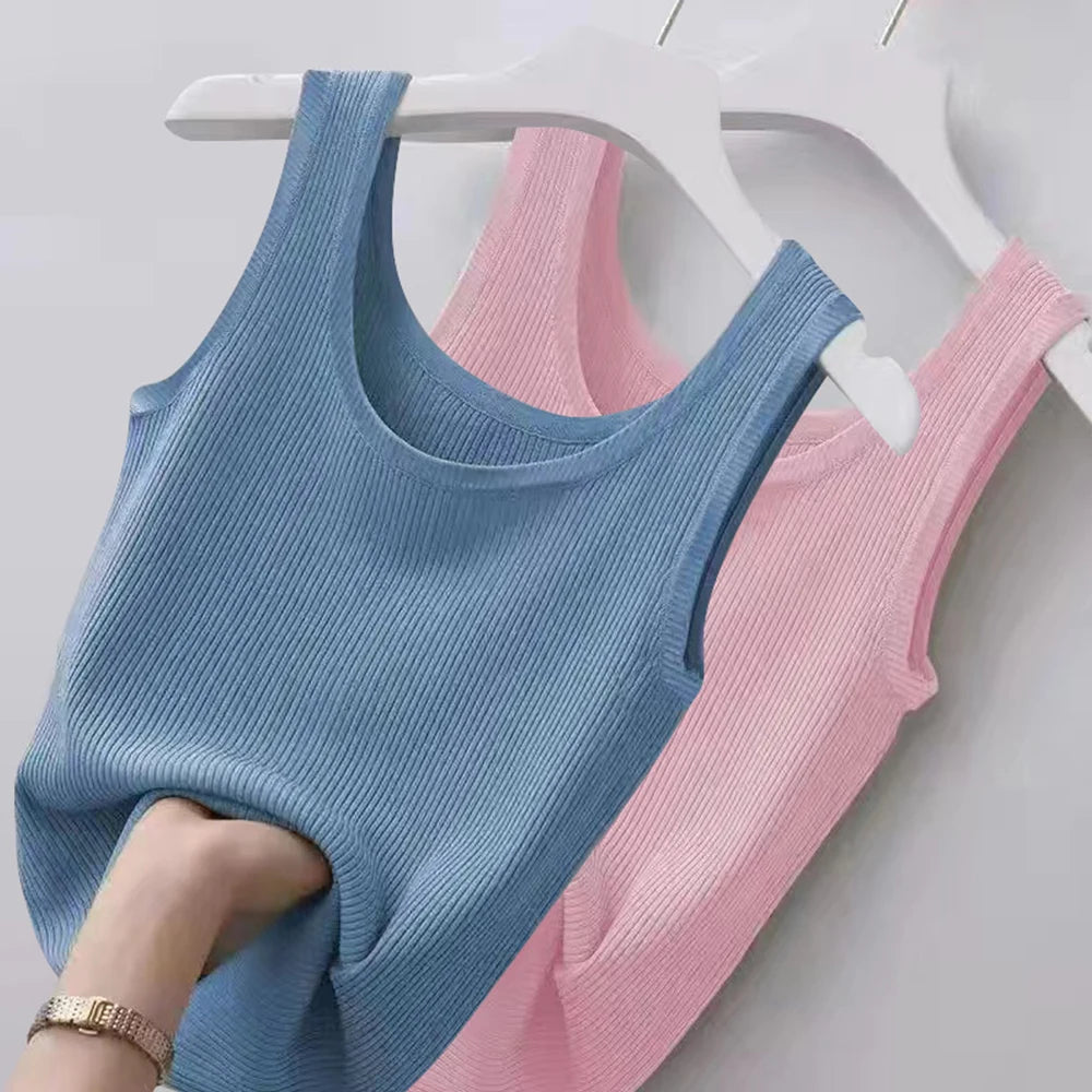 Haut court décontracté basique en tricot à col en U sans manches et de couleur unie pour femme, idéal pour l'automne