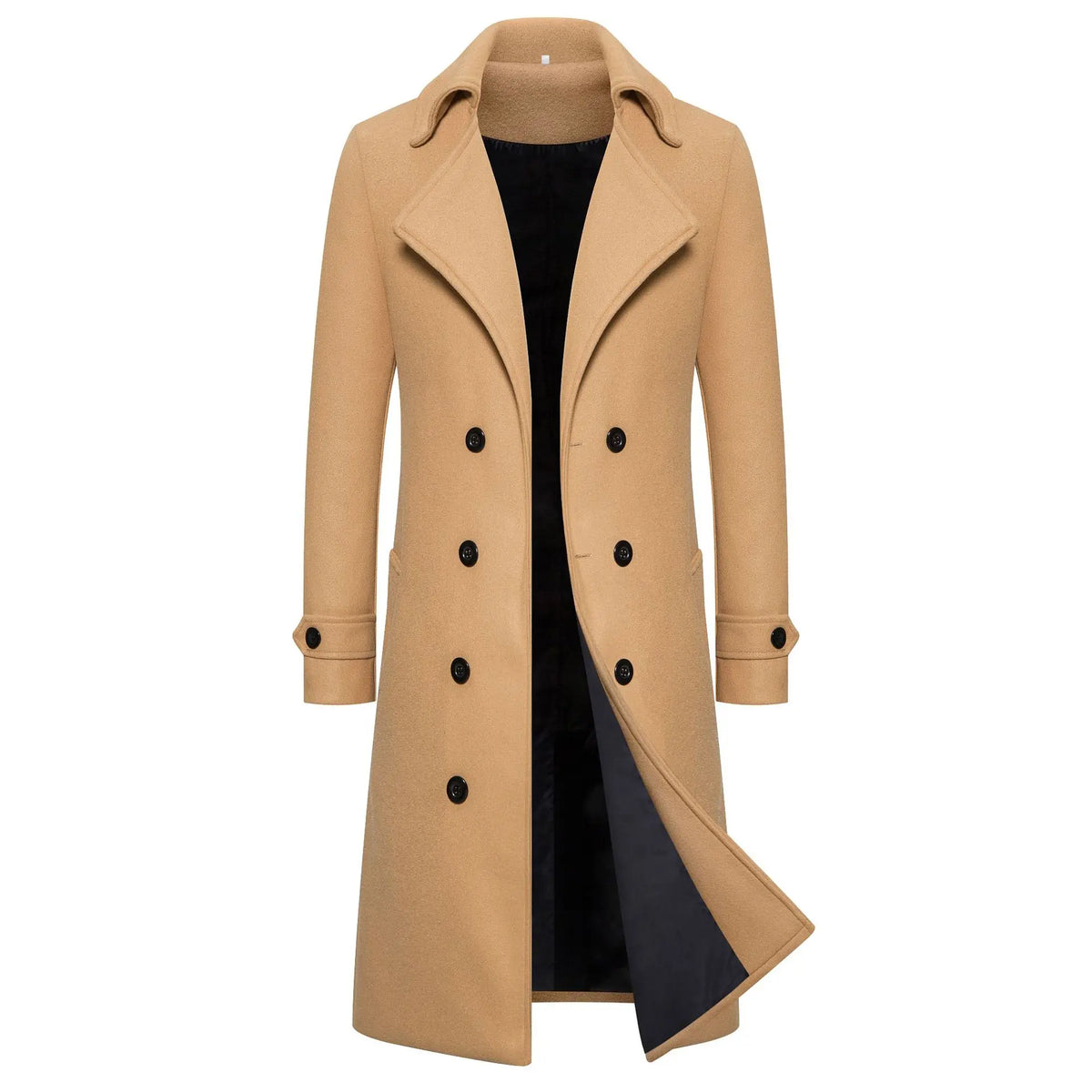 Men’s Long Woolen Trench Coat – Double-Breasted Slim-Fit Overcoat with Turn-Down Collar, Fashionable Spring & Autumn Outerwear