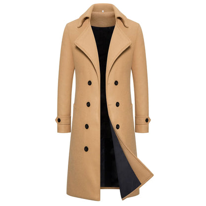 Men’s Long Woolen Trench Coat – Double-Breasted Slim-Fit Overcoat with Turn-Down Collar, Fashionable Spring & Autumn Outerwear