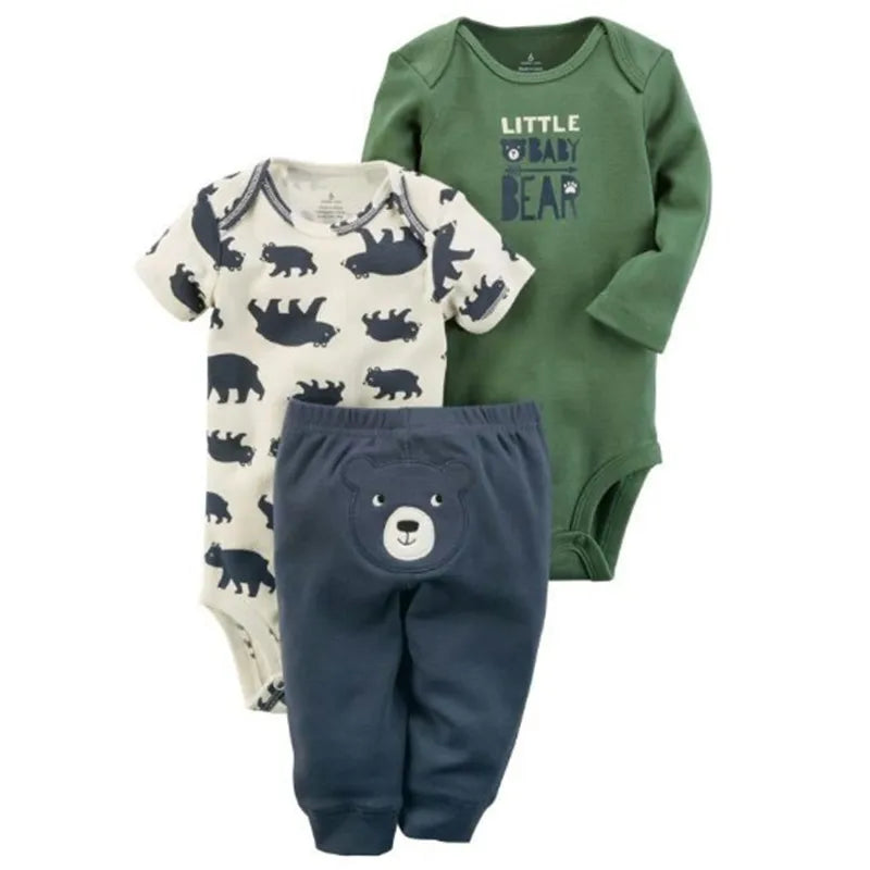 3PCS Baby Bodysuit Set – Soft Cotton Long & Short Sleeve Infant Rompers with Comfortable PP Pants for Baby Boys & Girls