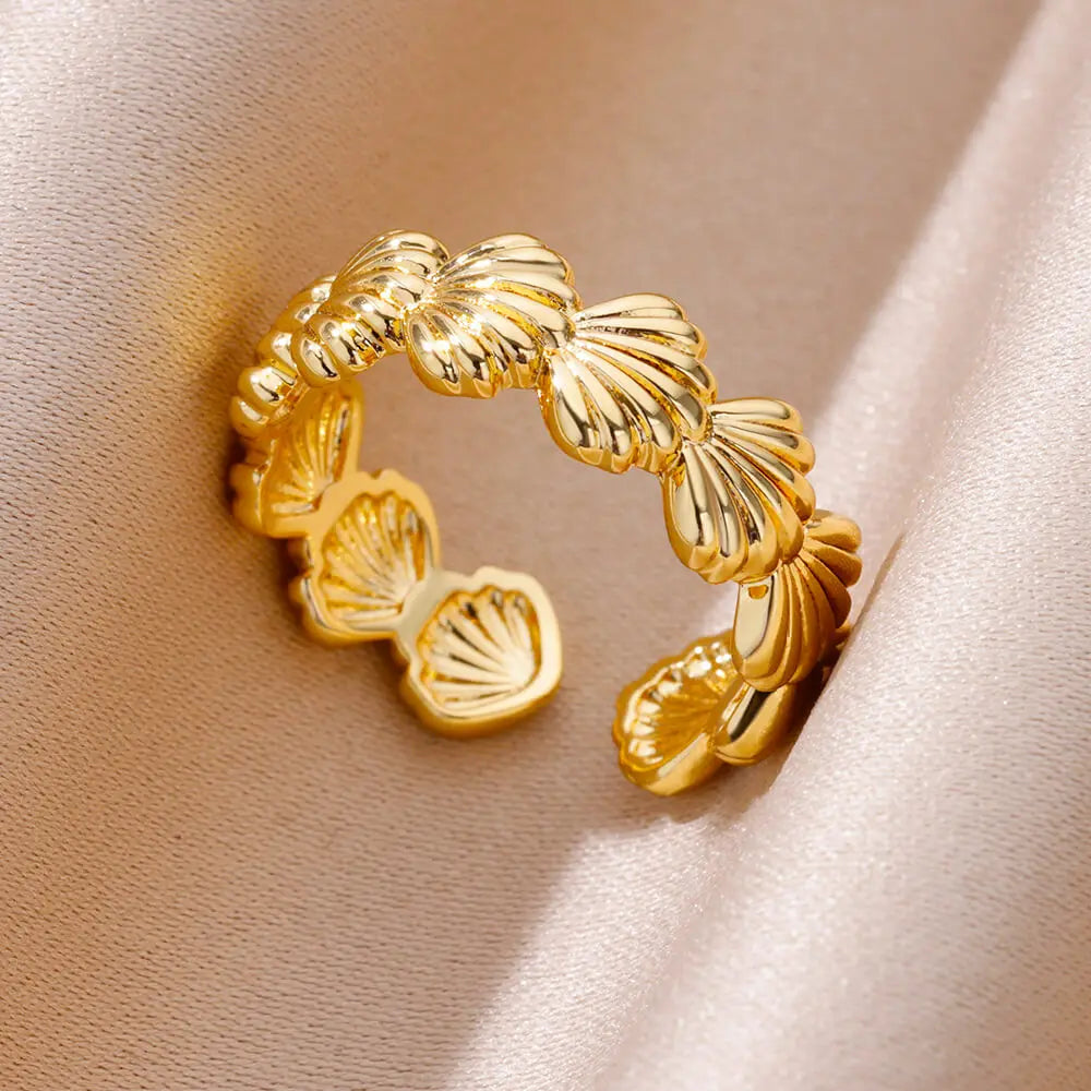 Gold Stainless Steel Starfish & Shell Ring – Adjustable Waterproof Beach-Inspired Ring for Women