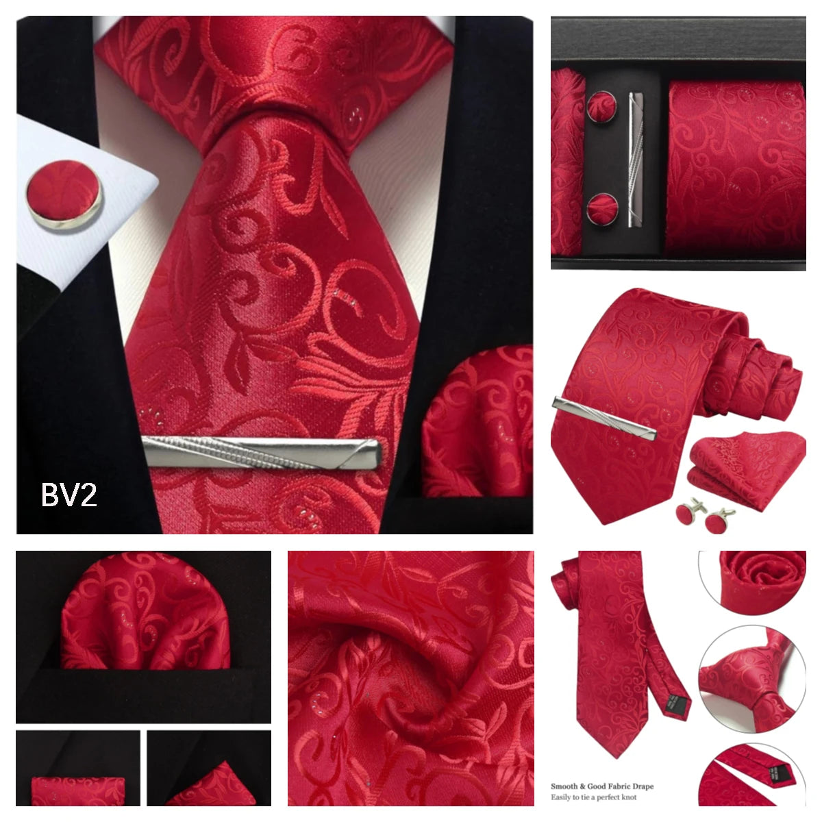 Corbata de seda 100% con diseño floral de Paisley para hombre con pañuelo de bolsillo, pasador de corbata y gemelos en caja de regalo