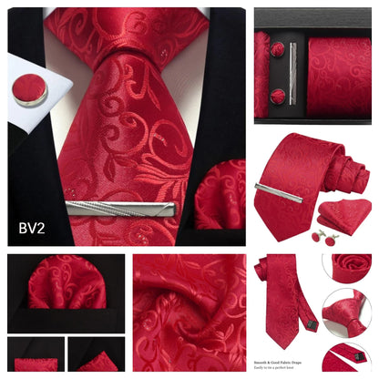 Corbata de seda 100% con diseño floral de Paisley para hombre con pañuelo de bolsillo, pasador de corbata y gemelos en caja de regalo