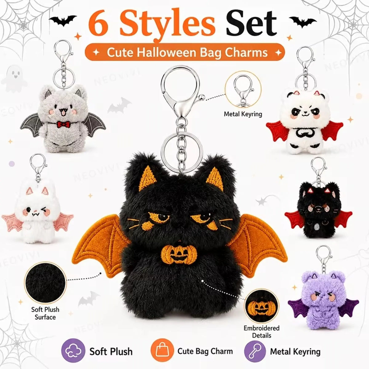 12-48PCS Halloween Plush Bat Keychains Bulk, 3.5 Inch Cute Bat Bag Charms, Trick or Treat Gifts, Halloween Goodie Bag Fillers, Party Favors, Classroom Prizes for Kids