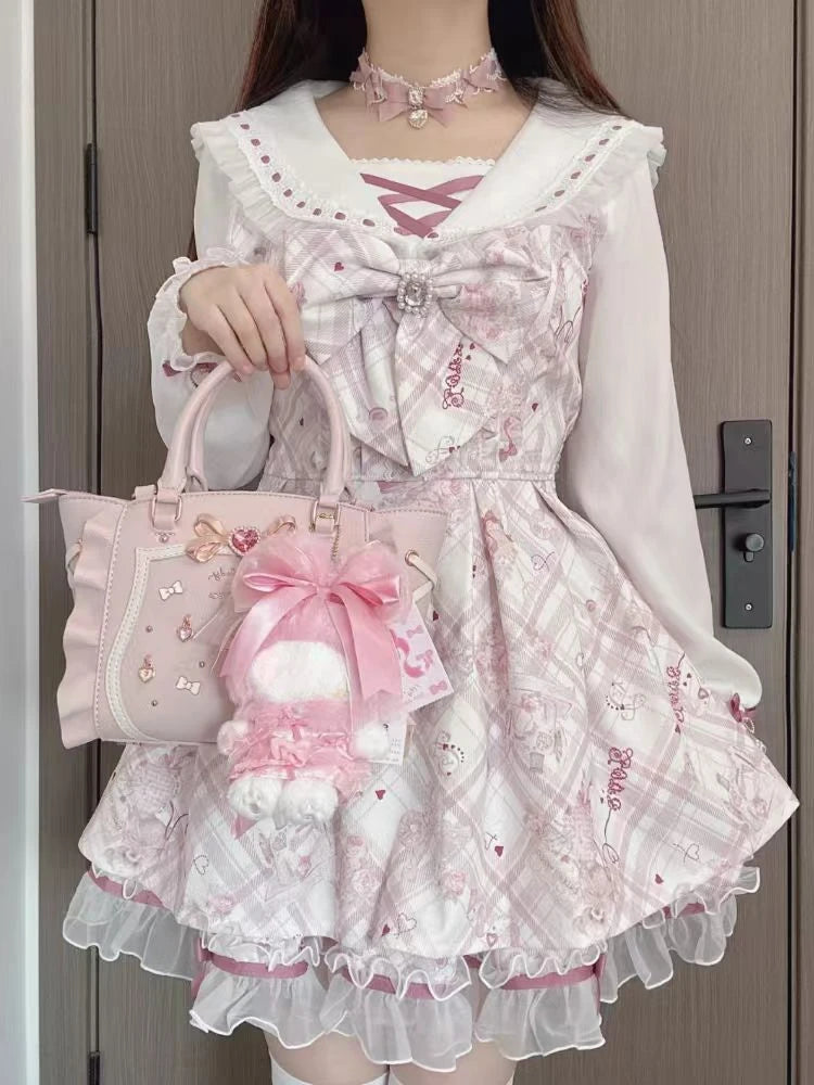 Vestido japonés Sweet Lolita Kawaii para mujer 2025, estampado de primavera, lazo, vestido falso de dos piezas, estilo coreano, ropa de fiesta