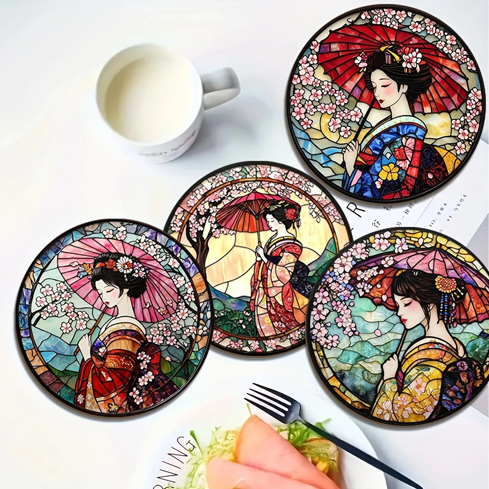 4/6PCS Wooden Coasters – Cherry Blossom, Kimono & Mount Fuji Japanese-Style Design Coffee Table Drink Mats for Home & Dining