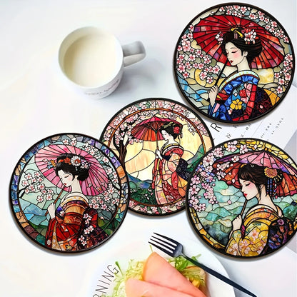4/6PCS Wooden Coasters – Cherry Blossom, Kimono & Mount Fuji Japanese-Style Design Coffee Table Drink Mats for Home & Dining