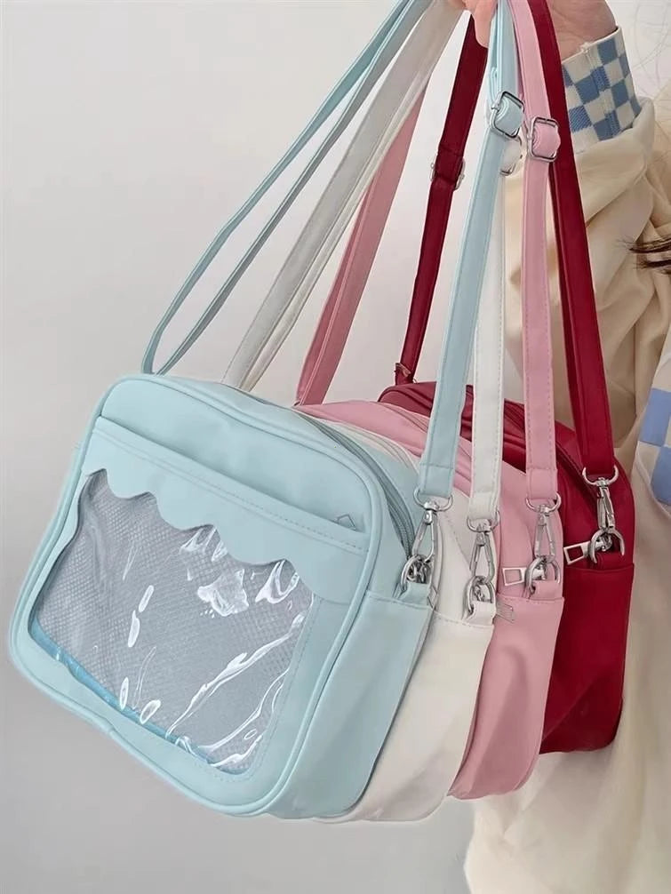 Bolso japonés Harajuku Ita – Bolso bandolera de piel sintética con bolsillo transparente para mujeres y estudiantes de secundaria, bolso de estilo uniforme JK, bolso de almacenamiento de moda Kawaii para coleccionistas y uso diario