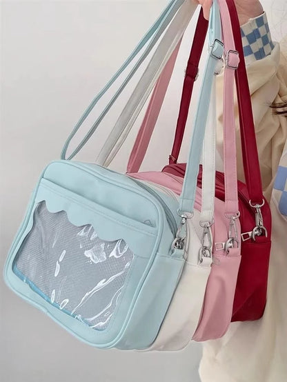 Bolso japonés Harajuku Ita – Bolso bandolera de piel sintética con bolsillo transparente para mujeres y estudiantes de secundaria, bolso de estilo uniforme JK, bolso de almacenamiento de moda Kawaii para coleccionistas y uso diario
